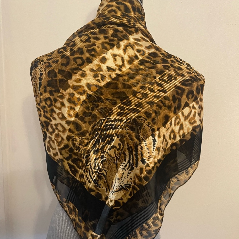 Leopard Print Satin Scarf - Black & Gold - Picture 2 of 8